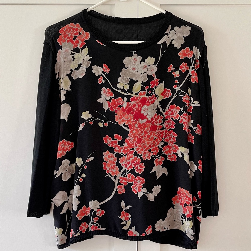 Vintage Designer Black Sweater with Silk Floral Front Panel, size 12